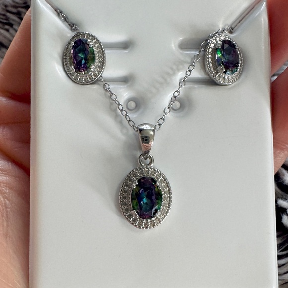 Jewelry - Mystic Topaz & CZ Halo Jewelry Set – 20” Necklace + Earrings